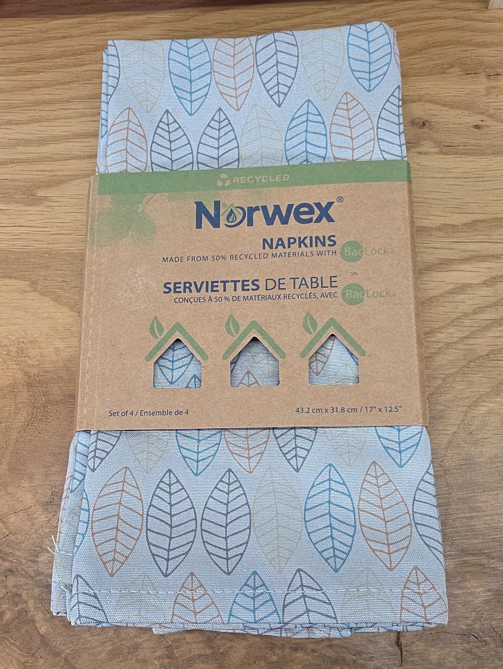 Norwex Blue and Brown Leaf Print Recycled Table Napkins - Set of 4 NIP